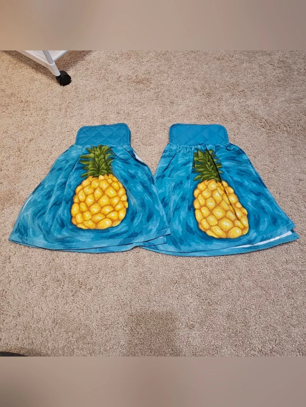 2 Handcrafted Potholders Attached To Towels | Blue + Yellow | Pineapple